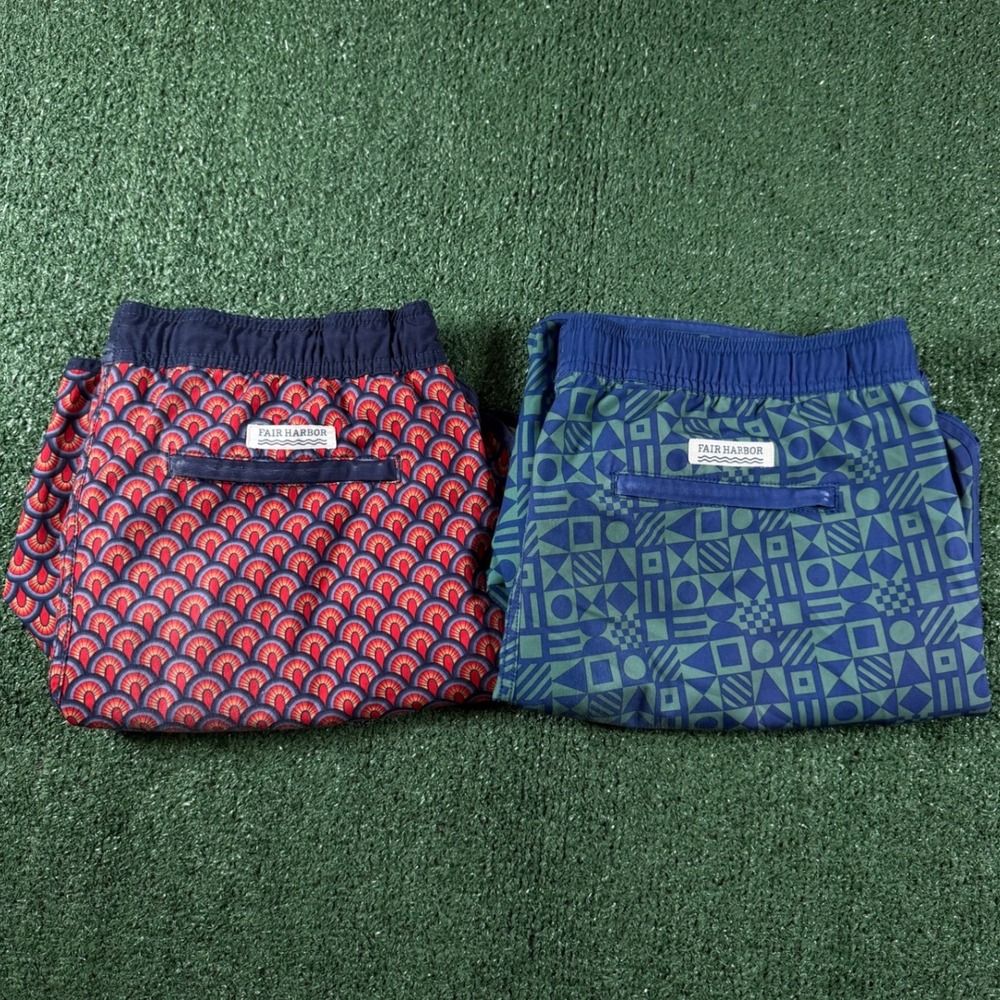 Lot of 2 Fair Harbor Swim Shorts Men S Blue Red Recycled Geometric Bundle